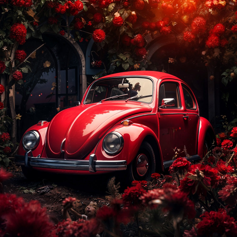 Valentine's Day Photo Backdrop Crimson Car Flowers Backdrop BRP11-413