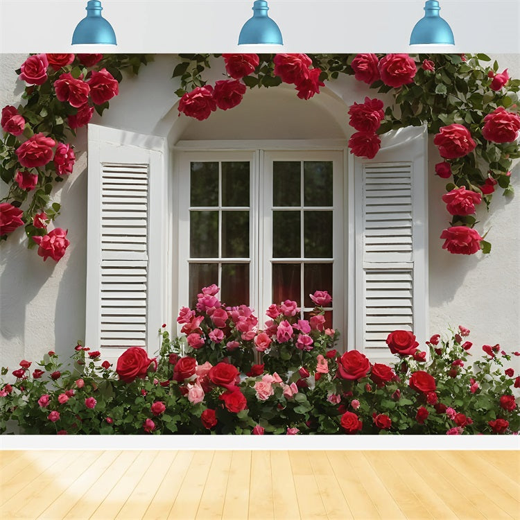 Valentine's Day Photo Backdrops Rose-Decorated White Window Backdrop BRP11-415