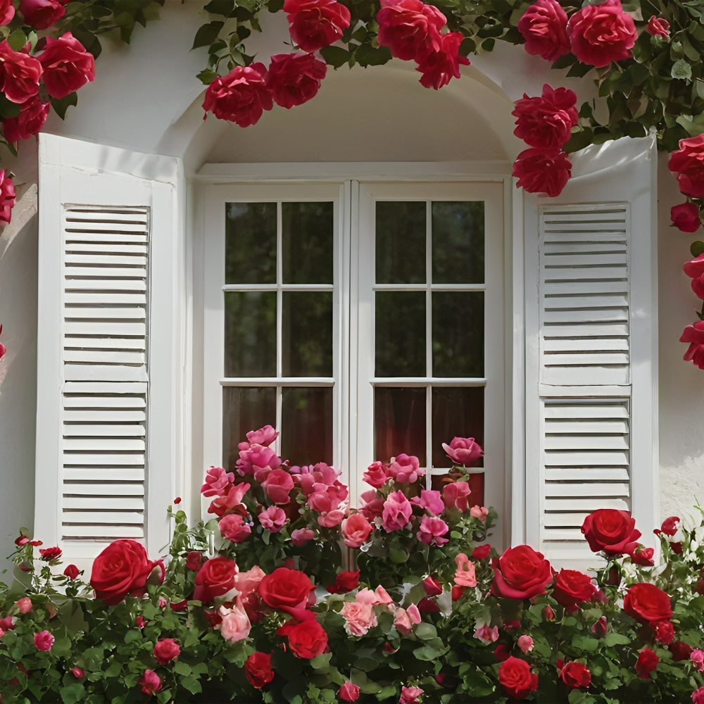 Valentine's Day Photo Backdrops Rose-Decorated White Window Backdrop BRP11-415