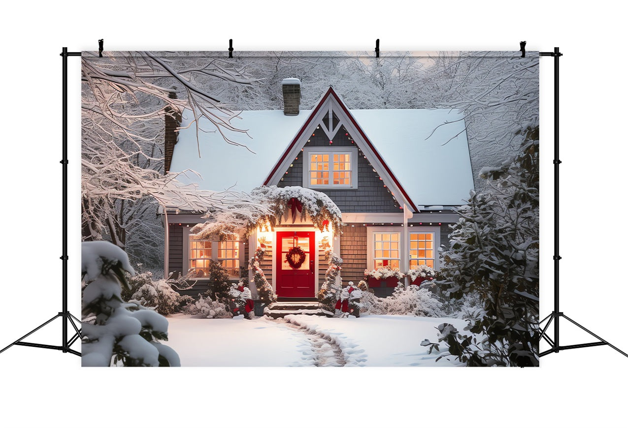 Winter Backdrops Cottage Snowy Landscape Warm Lights Backdrop BRP11-42