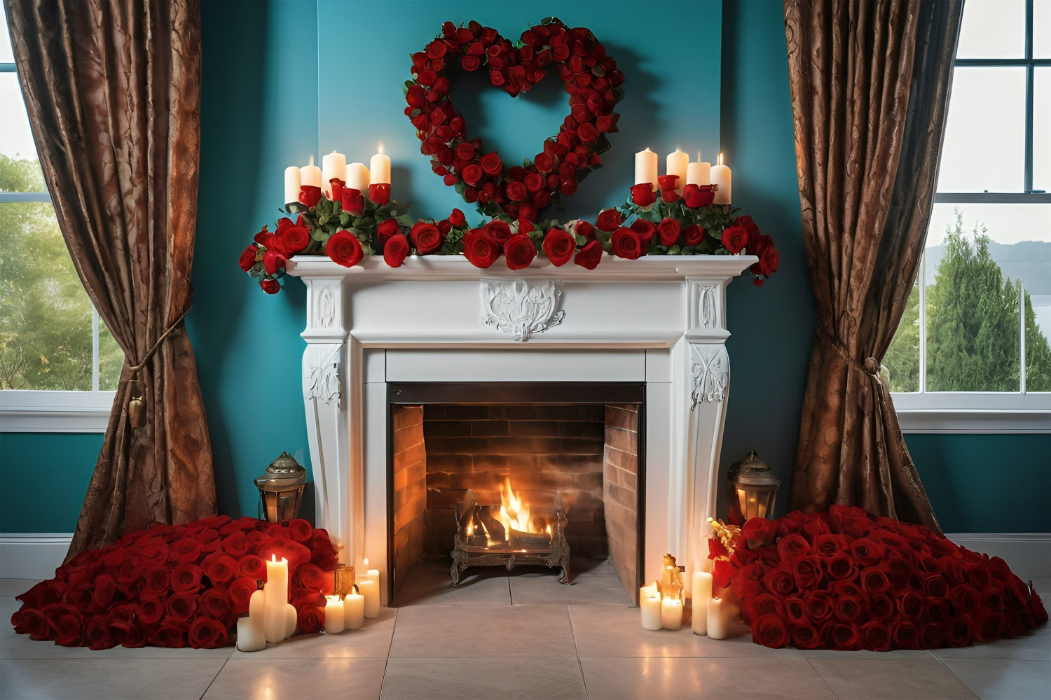 Valentine Backdrop Ideas Fireplace Roses Candles Backdrop BRP11-421