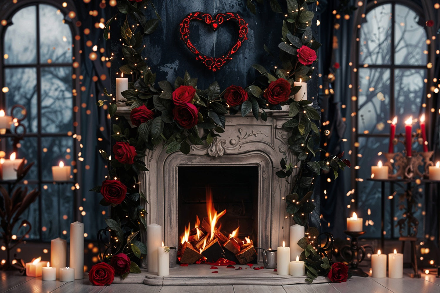 Valentine Photography Backdrops Gothic Roses Lights Fireplace Backdrop BRP11-423