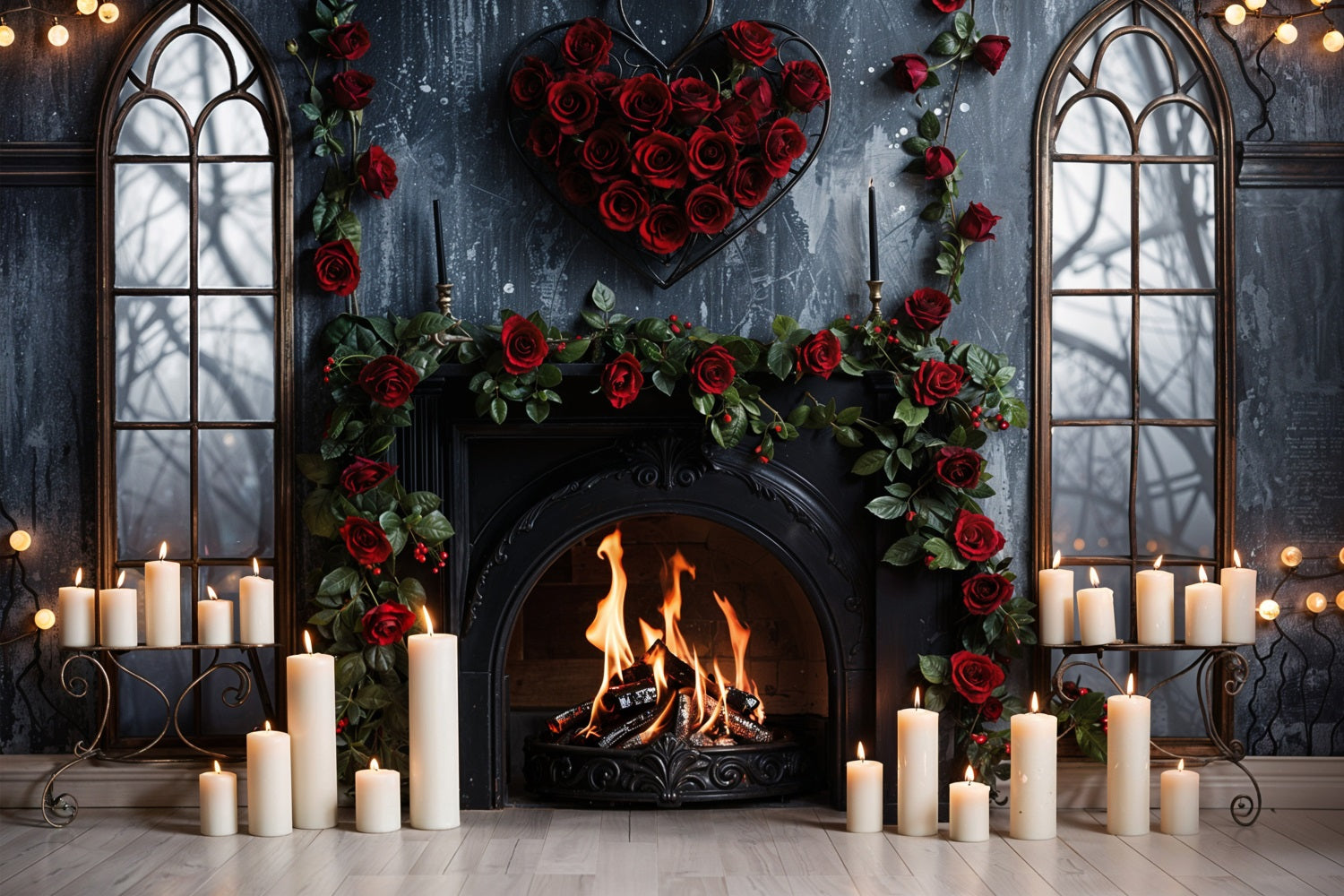 Valentine Photography Backdrop Arched Window Fireplace Roses Backdrop BRP11-424