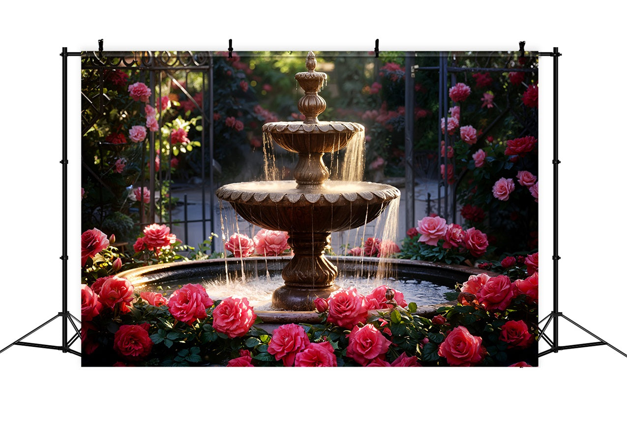 Valentines Photography Backdrop Garden Fountain Romantic Roses Backdrop BRP11-425