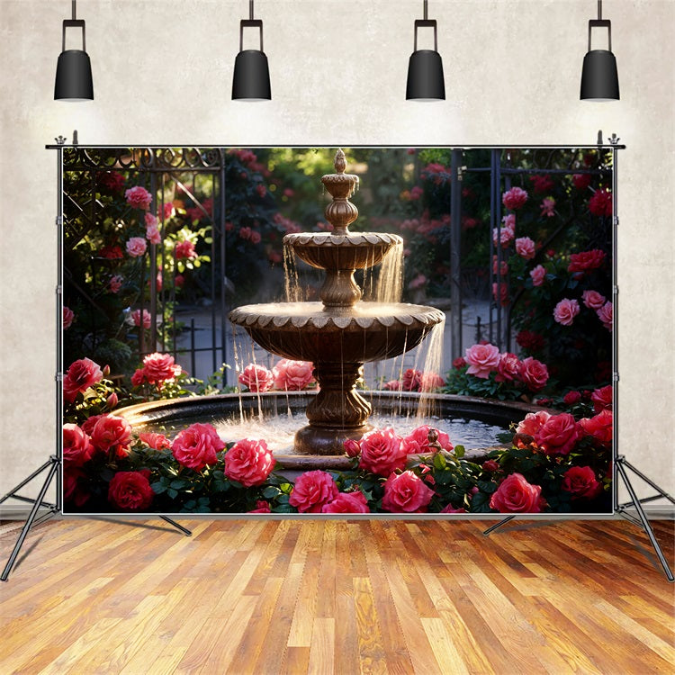 Valentines Photography Backdrop Garden Fountain Romantic Roses Backdrop BRP11-425