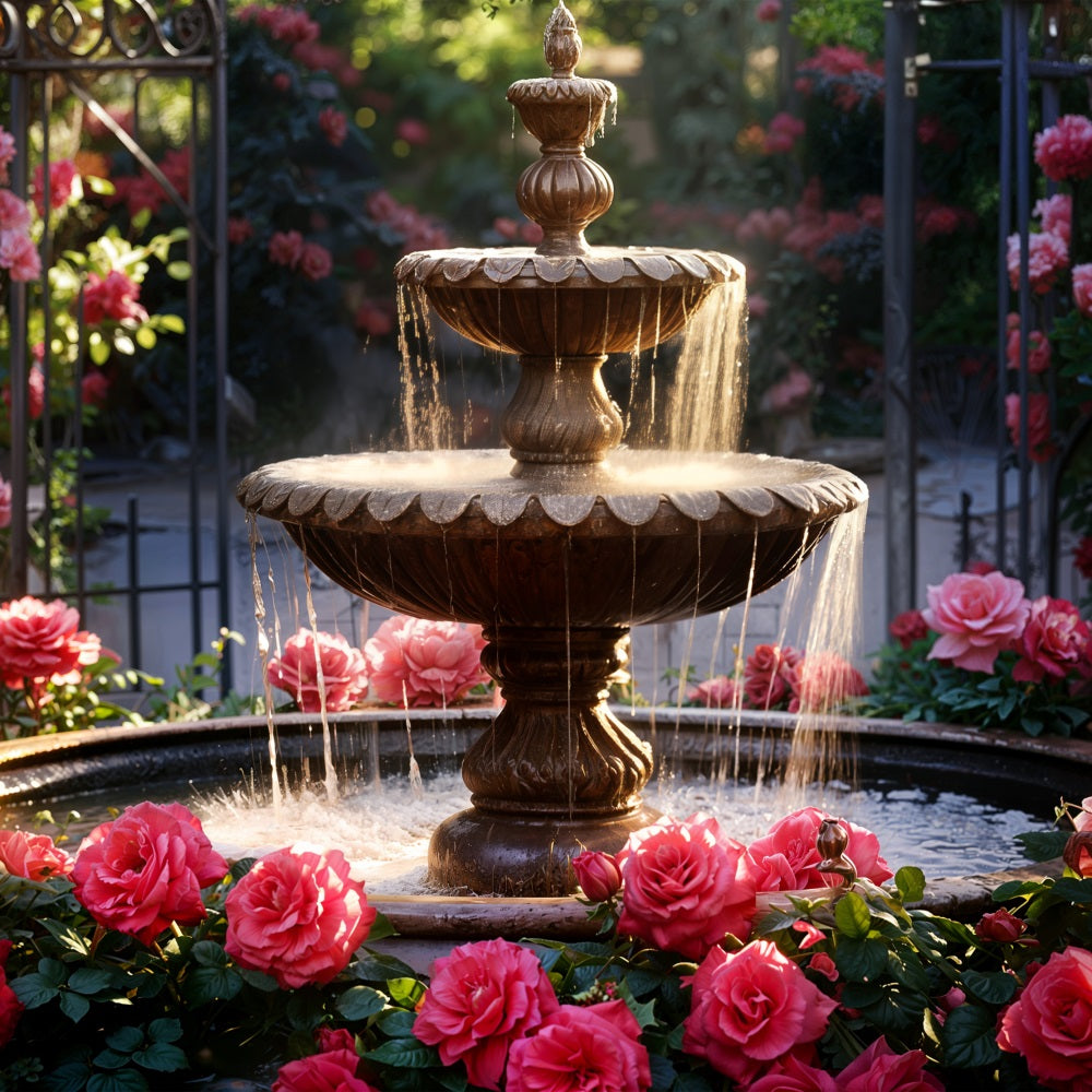 Valentines Photography Backdrop Garden Fountain Romantic Roses Backdrop BRP11-425