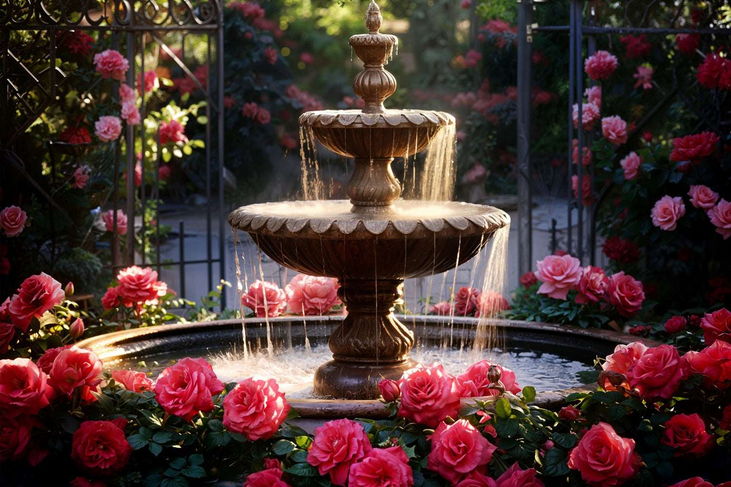 Valentines Photography Backdrop Garden Fountain Romantic Roses Backdrop BRP11-425