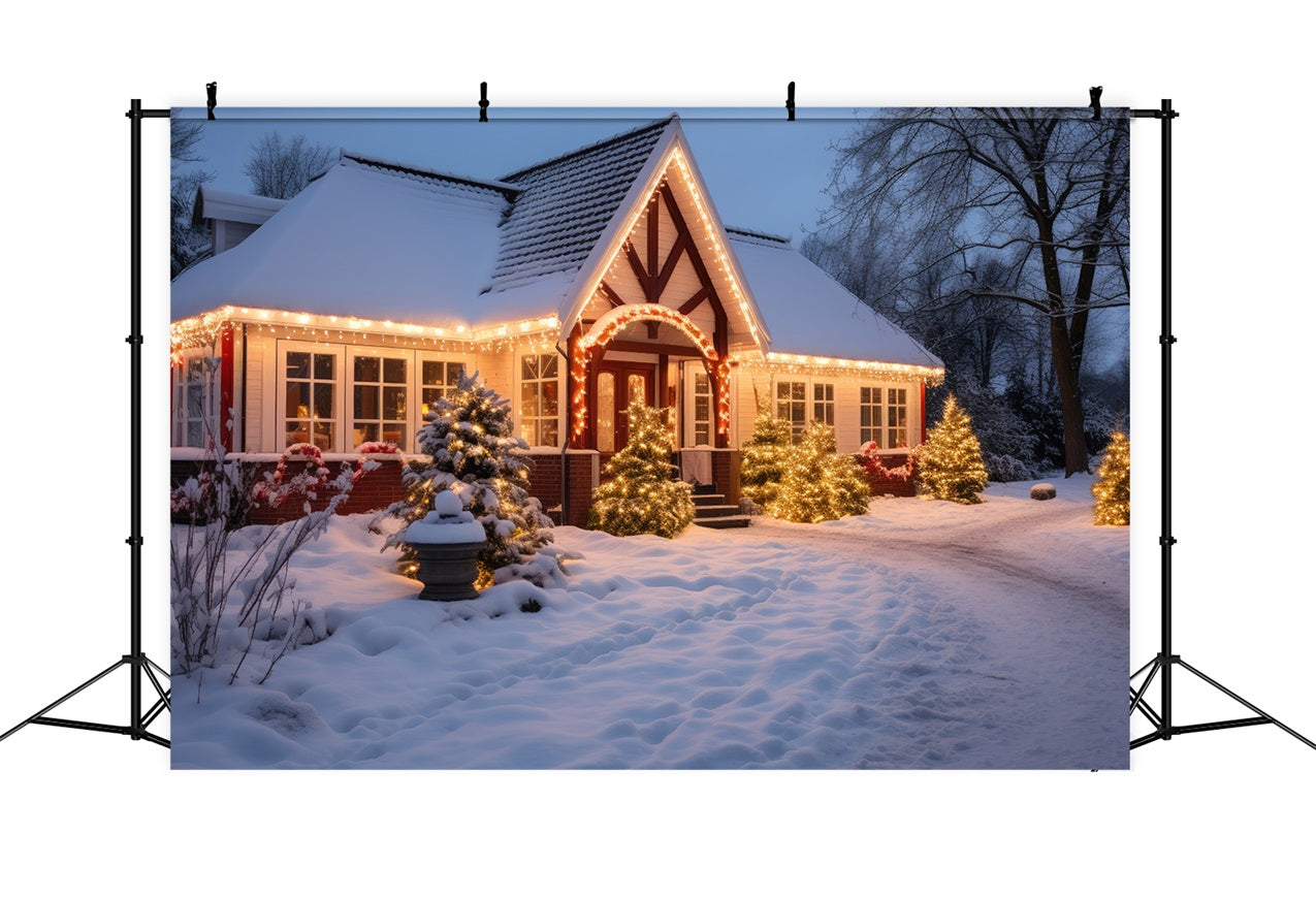 Winter Snow Backdrop Cottage Twinkling Lights Backdrop BRP11-43