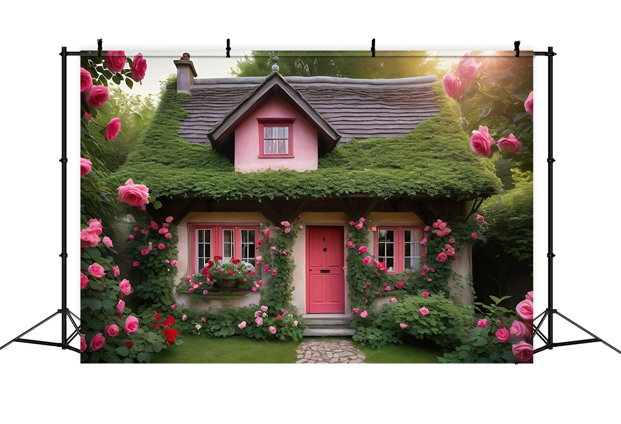 Valentine Photo Backdrops Pink Cottage Surrounded Roses Backdrop BRP11-433