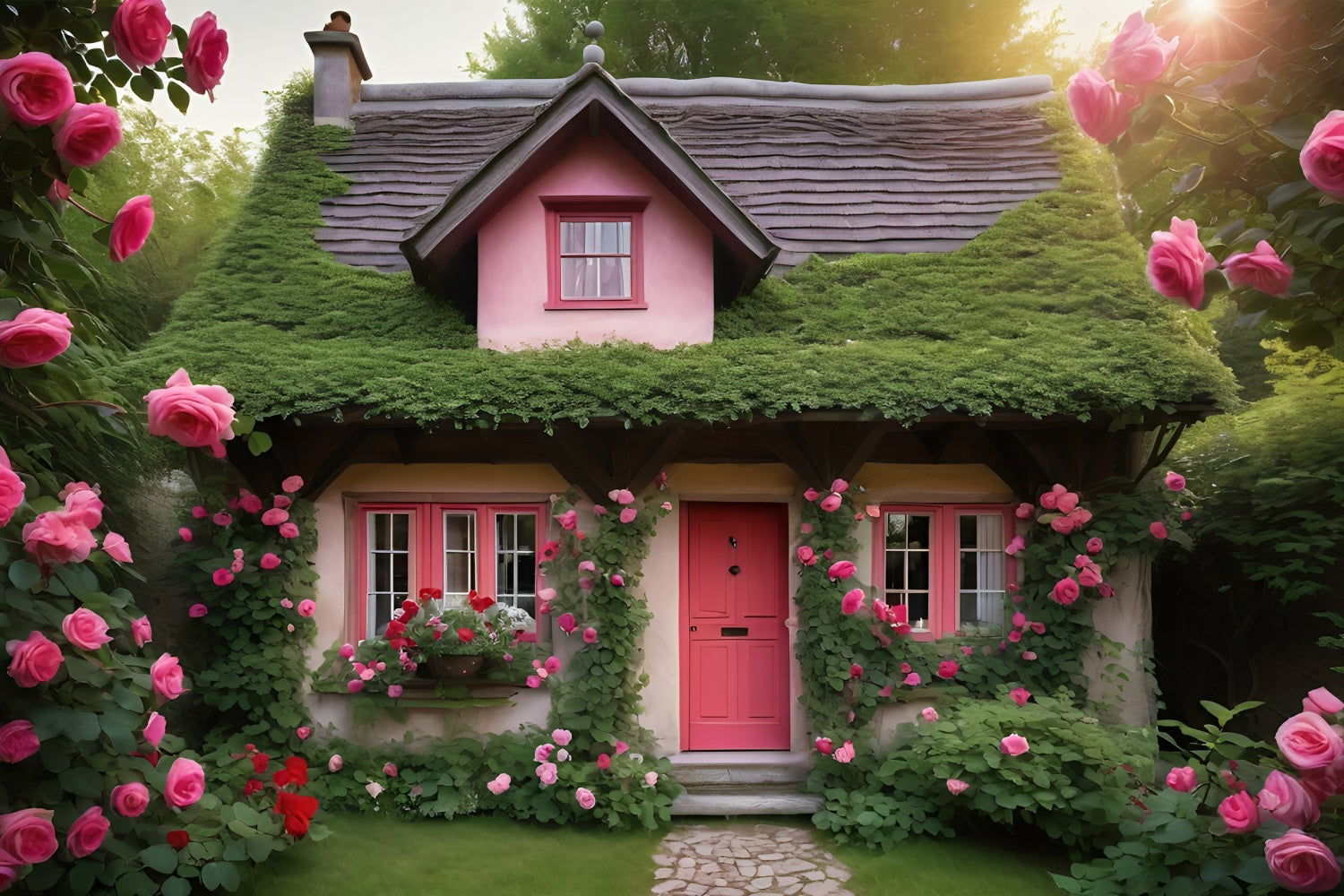 Valentine Photo Backdrops Pink Cottage Surrounded Roses Backdrop BRP11-433