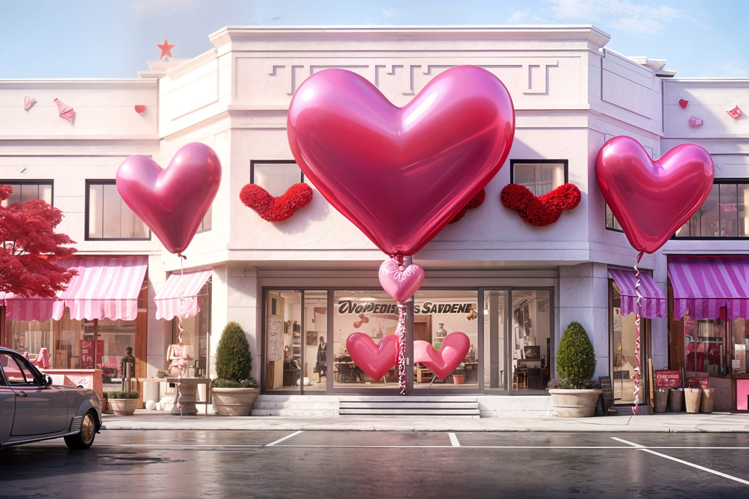 Valentines Photo Backdrop Heart Balloons Storefront Backdrop BRP11-436