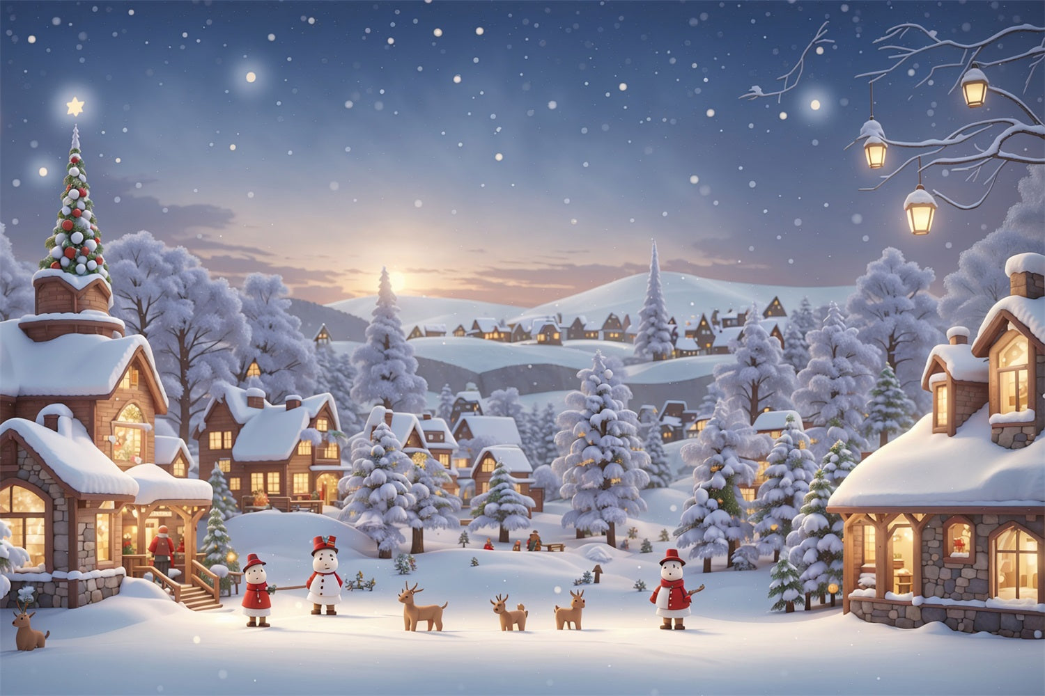 Winter Backdrop Cozy Village Snowmen Deer Backdrop BRP11-475