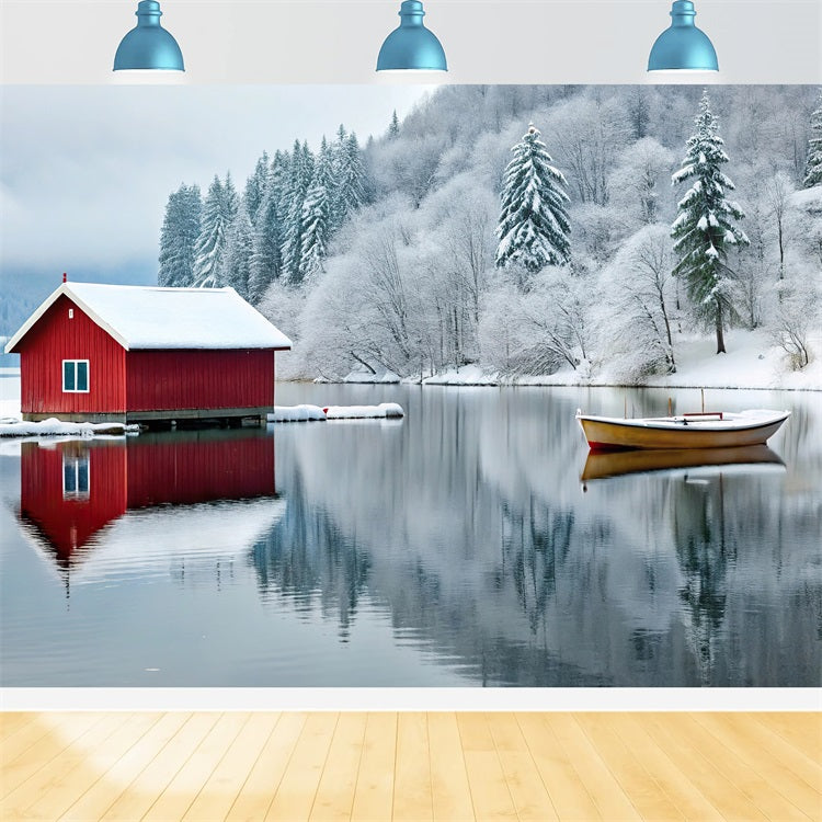 Winter Wonderland Backdrop Red Cabin Frozen Lake Backdrop BRP11-493