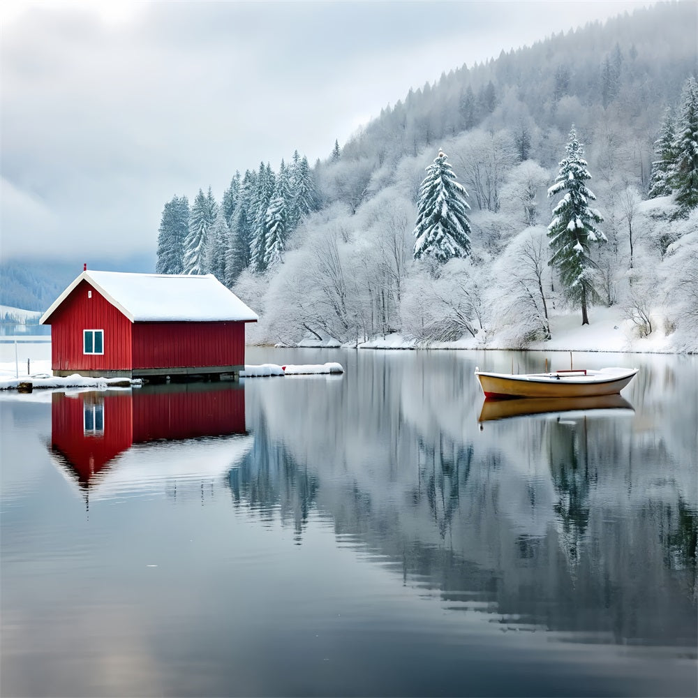 Winter Wonderland Backdrop Red Cabin Frozen Lake Backdrop BRP11-493