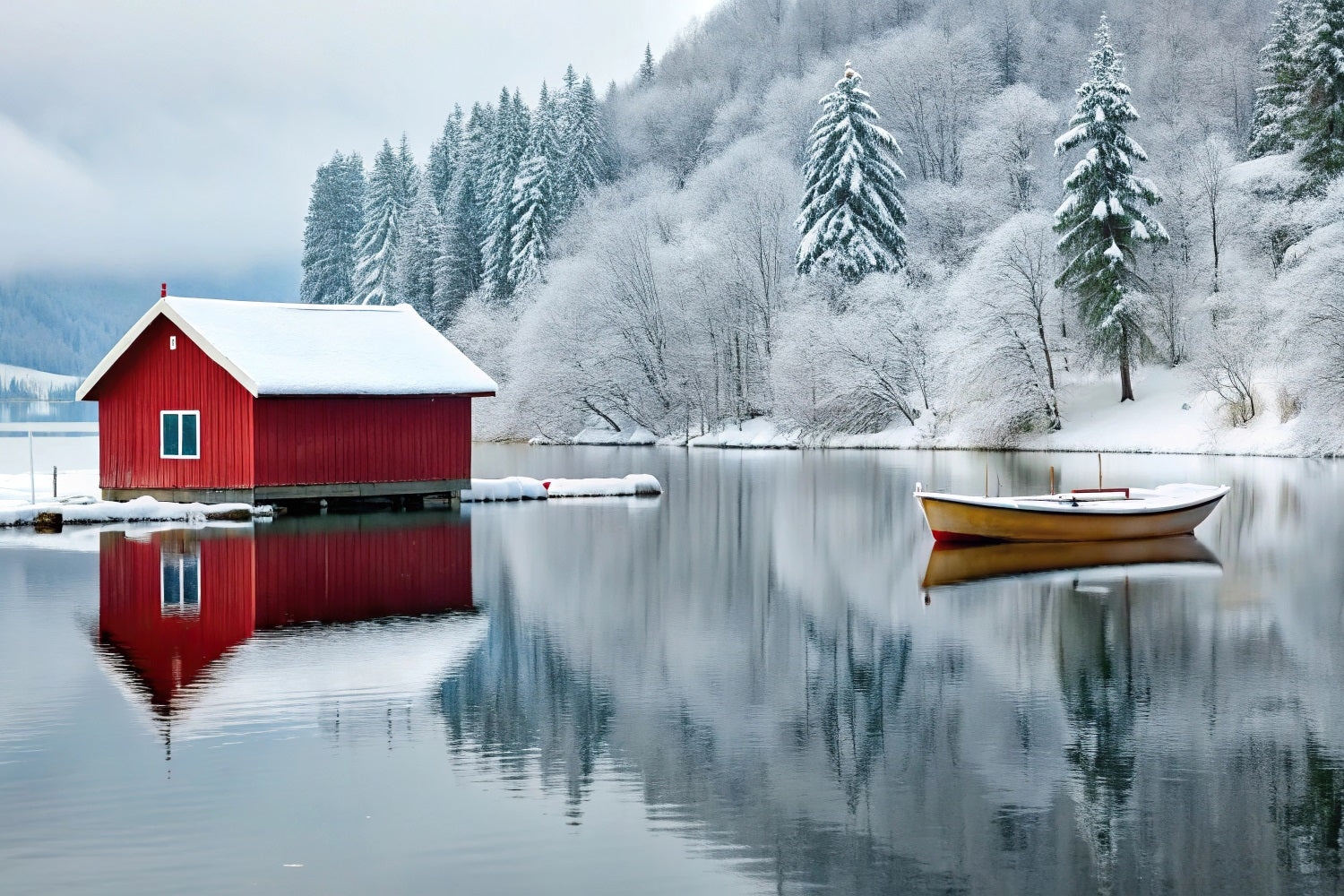 Winter Wonderland Backdrop Red Cabin Frozen Lake Backdrop BRP11-493