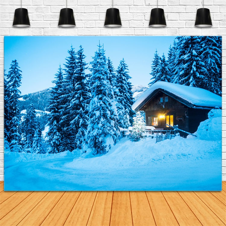 Winter Scene Backdrops Cabin Snowy Pine Forest Backdrop BRP11-494