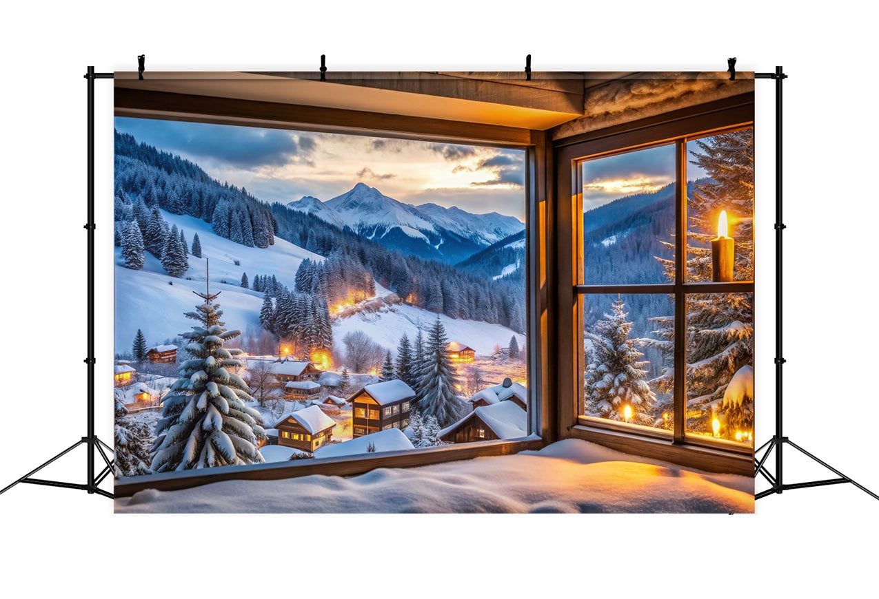 Winter Snow Backdrop Mountain Village Through Window Backdrop BRP11-496