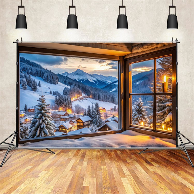 Winter Snow Backdrop Mountain Village Through Window Backdrop BRP11-496