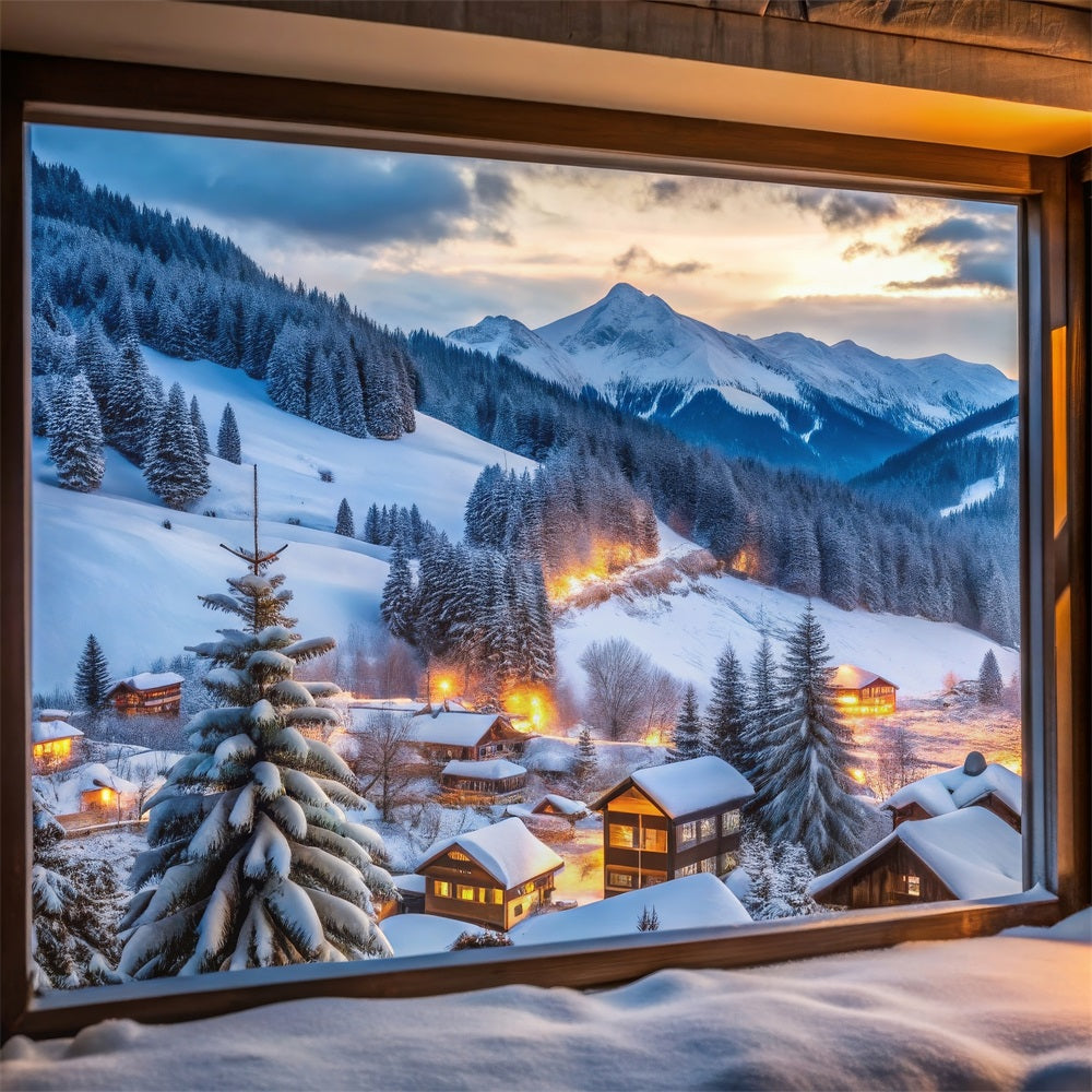 Winter Snow Backdrop Mountain Village Through Window Backdrop BRP11-496