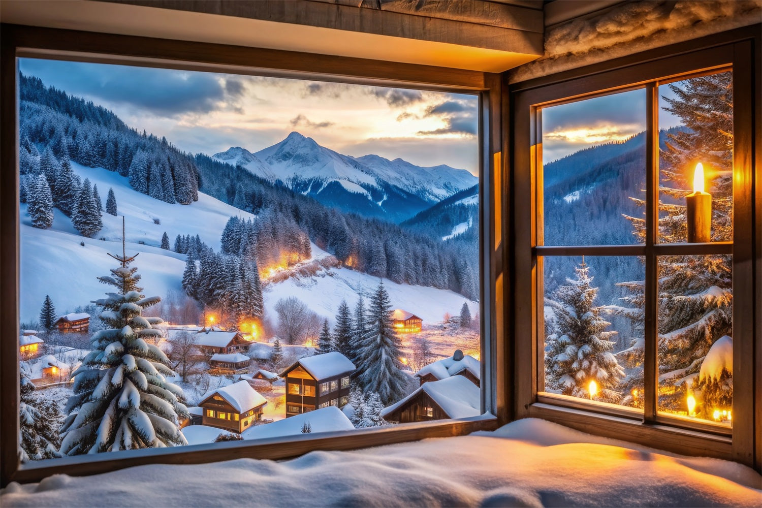 Winter Snow Backdrop Mountain Village Through Window Backdrop BRP11-496