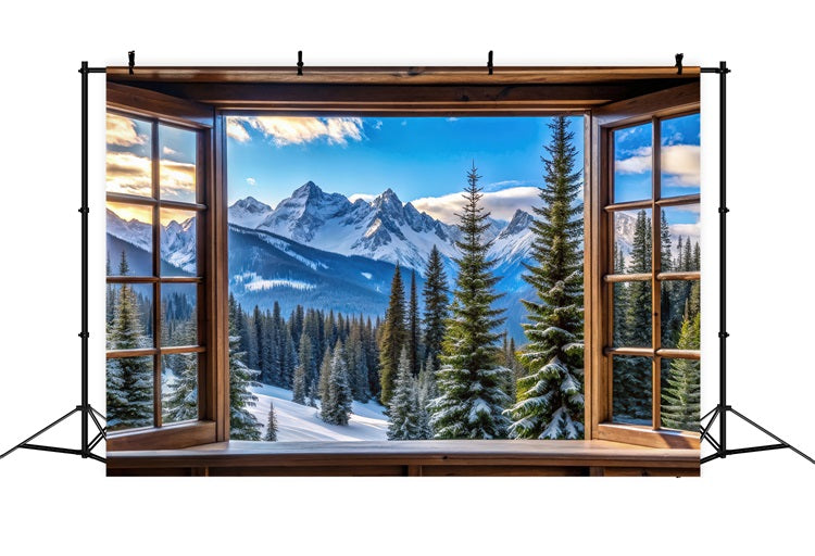 Winter Backdrop Majestic Snowy Mountain Peaks Window Backdrop BRP11-499