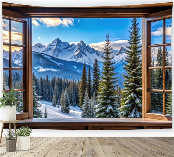 Winter Backdrop Majestic Snowy Mountain Peaks Window Backdrop BRP11-499