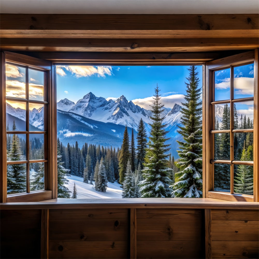 Winter Backdrop Majestic Snowy Mountain Peaks Window Backdrop BRP11-499