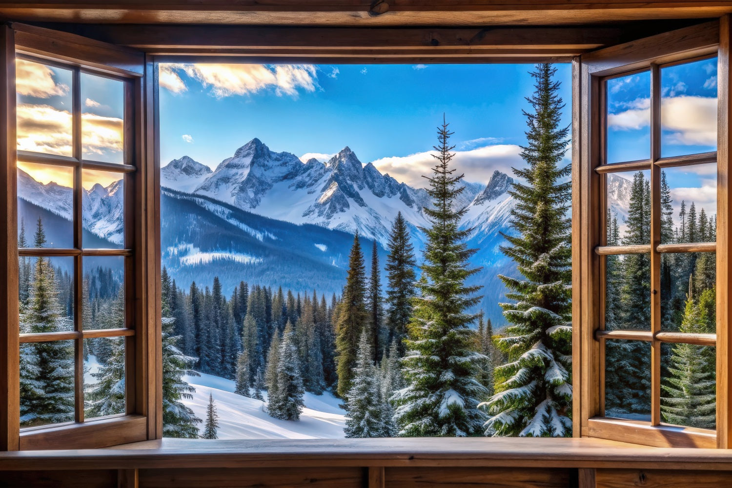 Winter Backdrop Majestic Snowy Mountain Peaks Window Backdrop BRP11-499