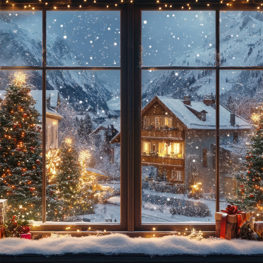 Winter Backdrops Christmas Village Lights Through Window Backdrop BRP11-500