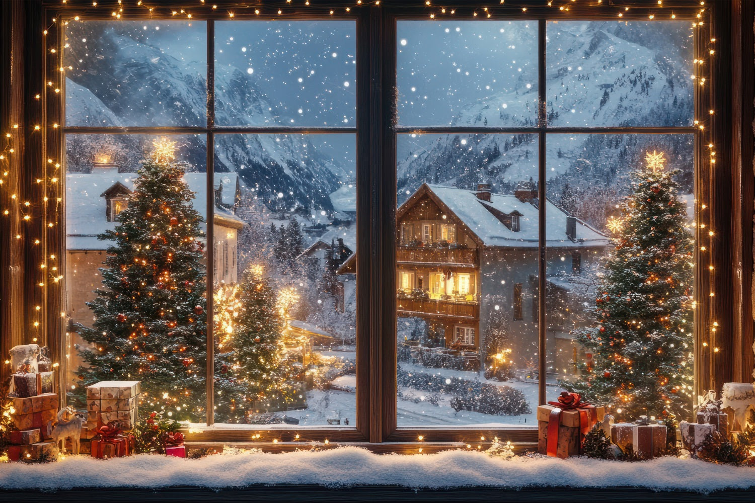 Winter Backdrops Christmas Village Lights Through Window Backdrop BRP11-500