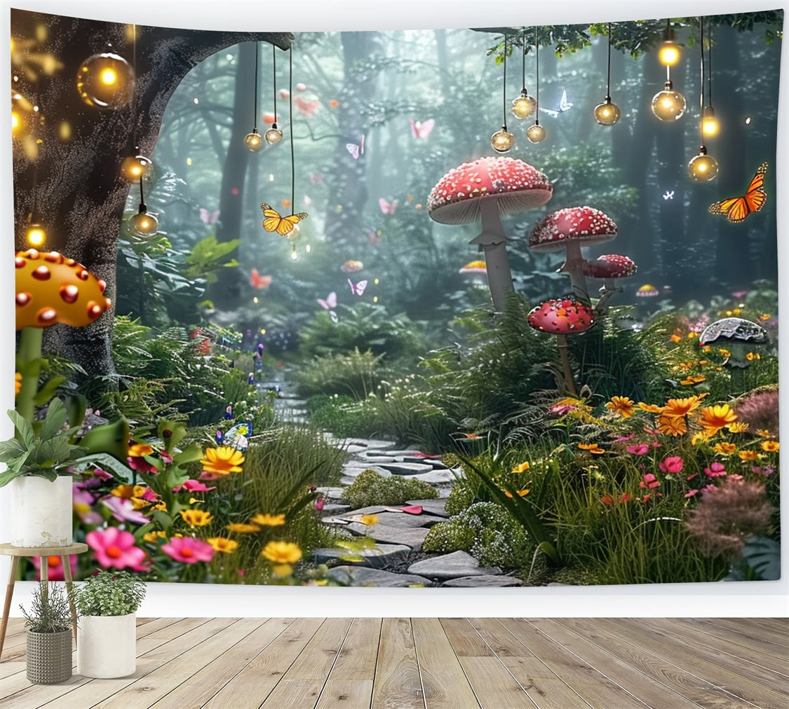 Spring Photo Backdrops Mushroom Forest Path Butterflies Backdrop BRP11-510