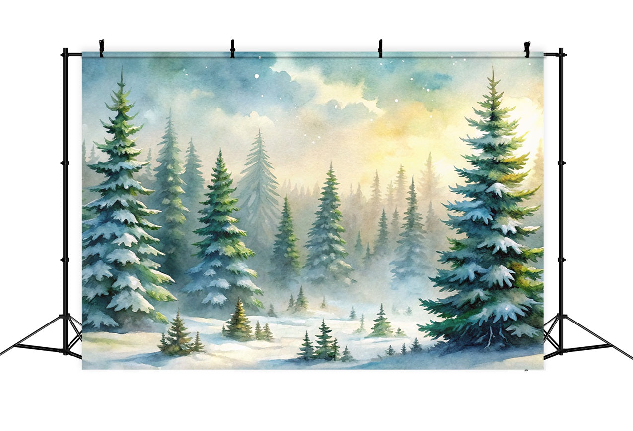 Winter Backdrops Snowy Forest Evergreen Trees Mist Backdrop BRP11-52