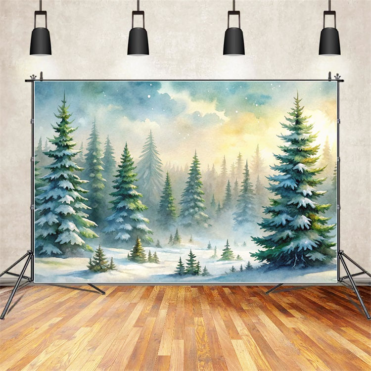 Winter Backdrops Snowy Forest Evergreen Trees Mist Backdrop BRP11-52