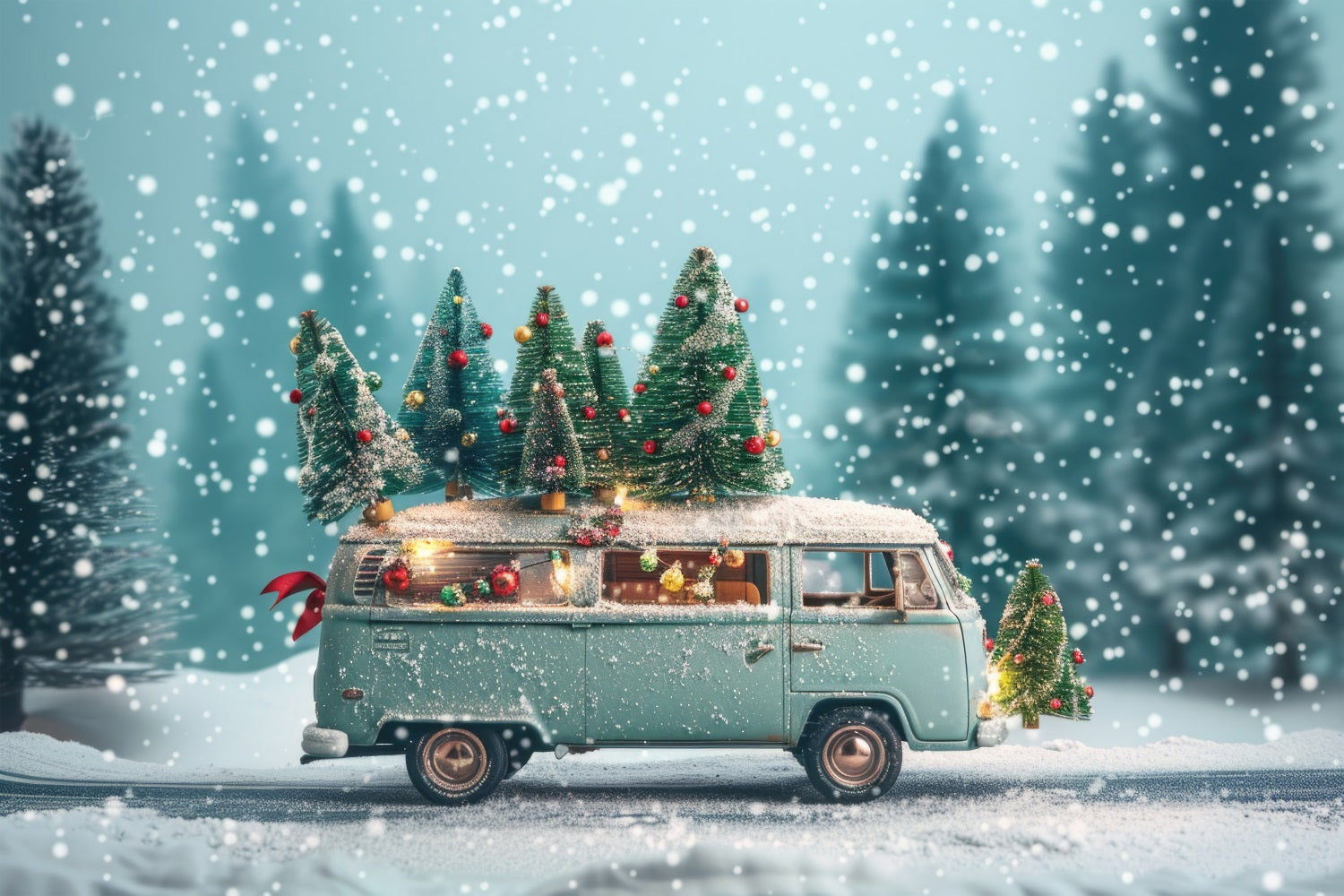 Winter Wonderland Backdrop Vintage Van Christmas Trees Backdrop BRP11-53