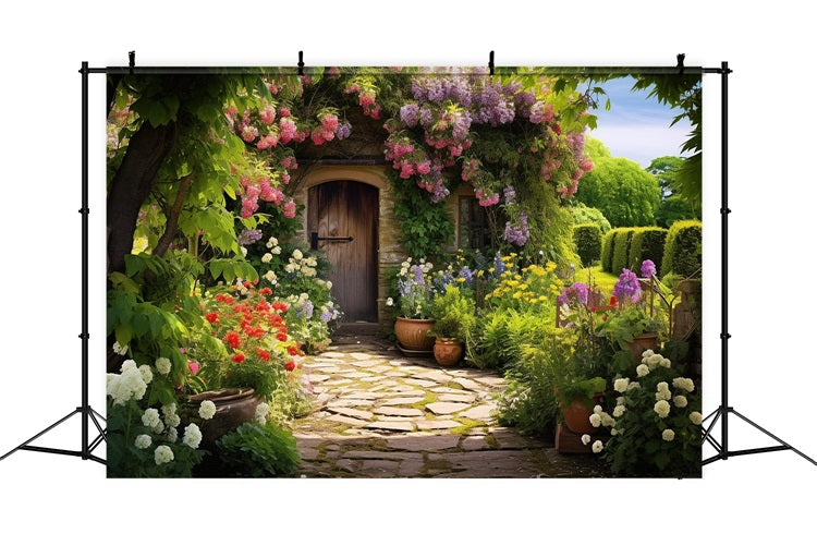 Backdrops Spring Flower-Covered Cottage Door Garden Backdrop BRP11-532