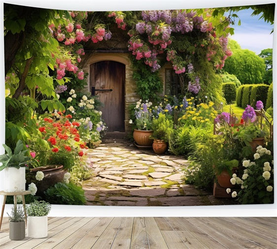 Backdrops Spring Flower-Covered Cottage Door Garden Backdrop BRP11-532