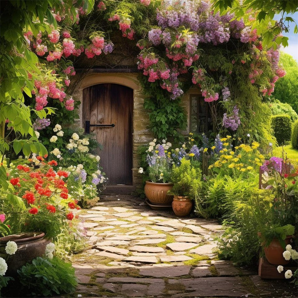 Backdrops Spring Flower-Covered Cottage Door Garden Backdrop BRP11-532