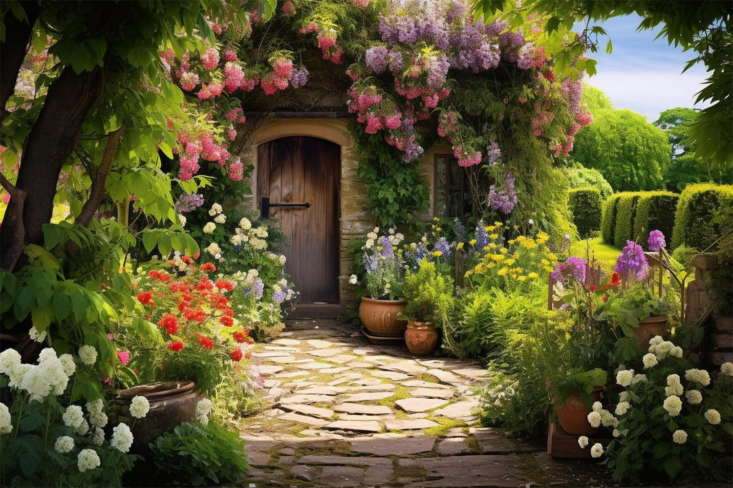 Backdrops Spring Flower-Covered Cottage Door Garden Backdrop BRP11-532