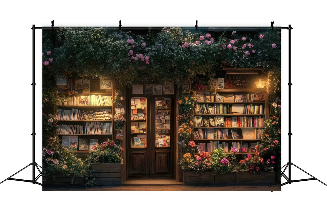 Spring Photoshoot Backdrop Nighttime Bookstore Floral Decor Backdrop BRP11-534