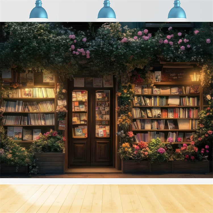 Spring Photoshoot Backdrop Nighttime Bookstore Floral Decor Backdrop BRP11-534