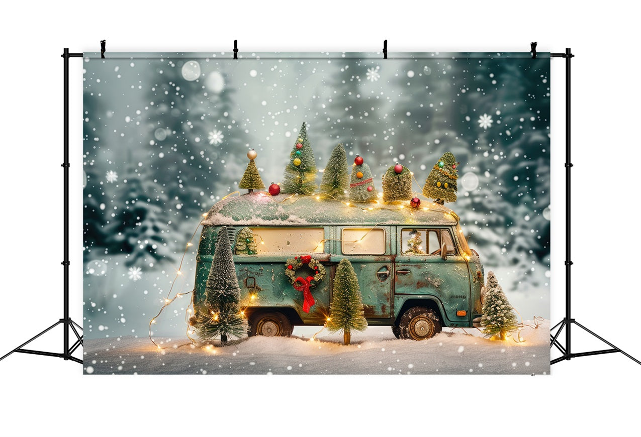 Winter Scene Backdrop Christmas Lights Vintage Van Backdrop BRP11-54