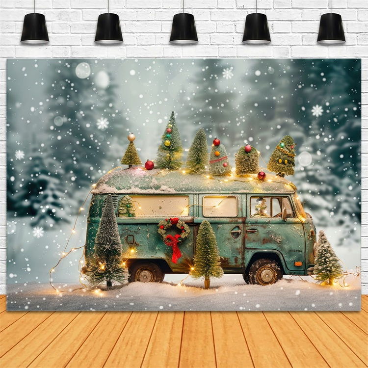 Winter Scene Backdrop Christmas Lights Vintage Van Backdrop BRP11-54