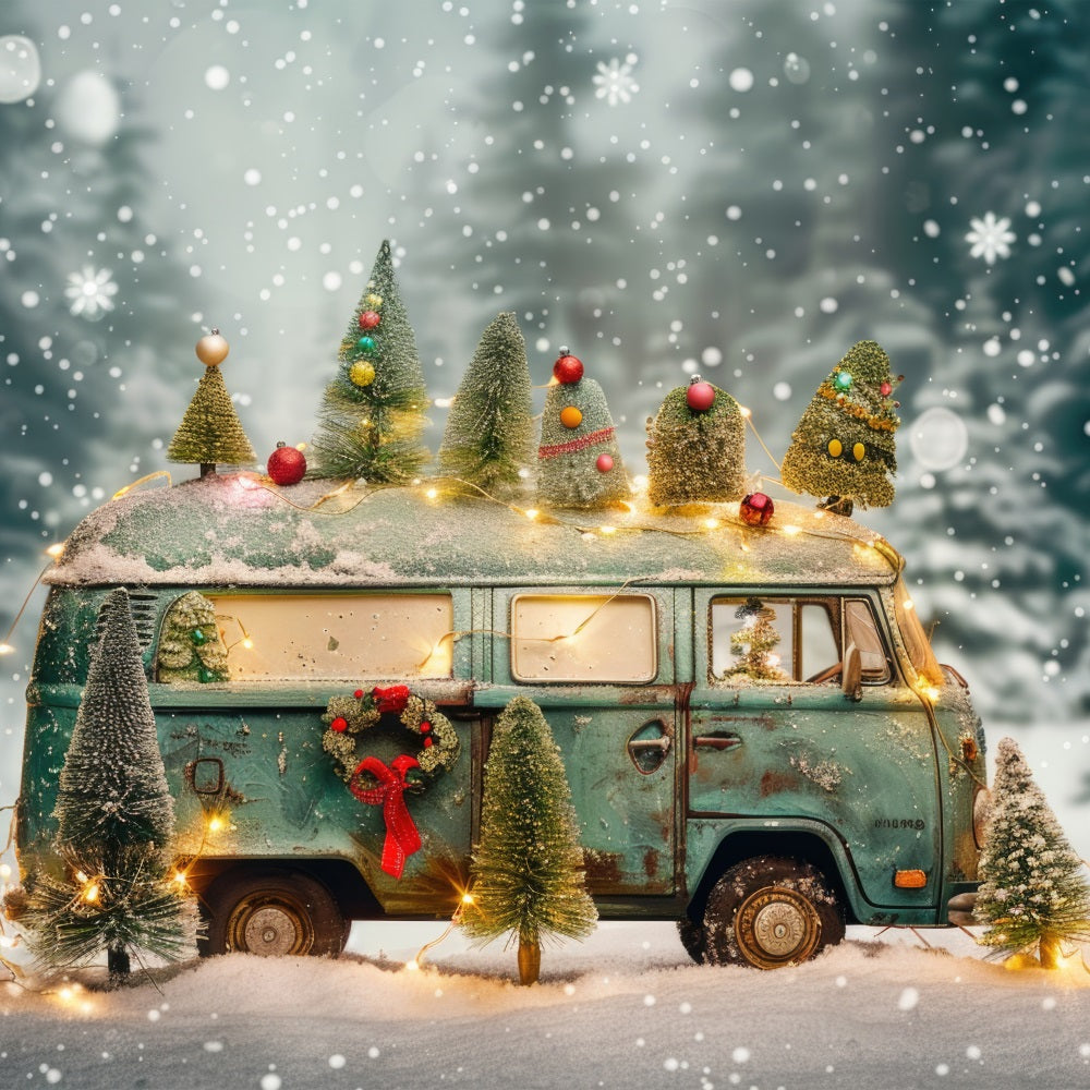 Winter Scene Backdrop Christmas Lights Vintage Van Backdrop BRP11-54