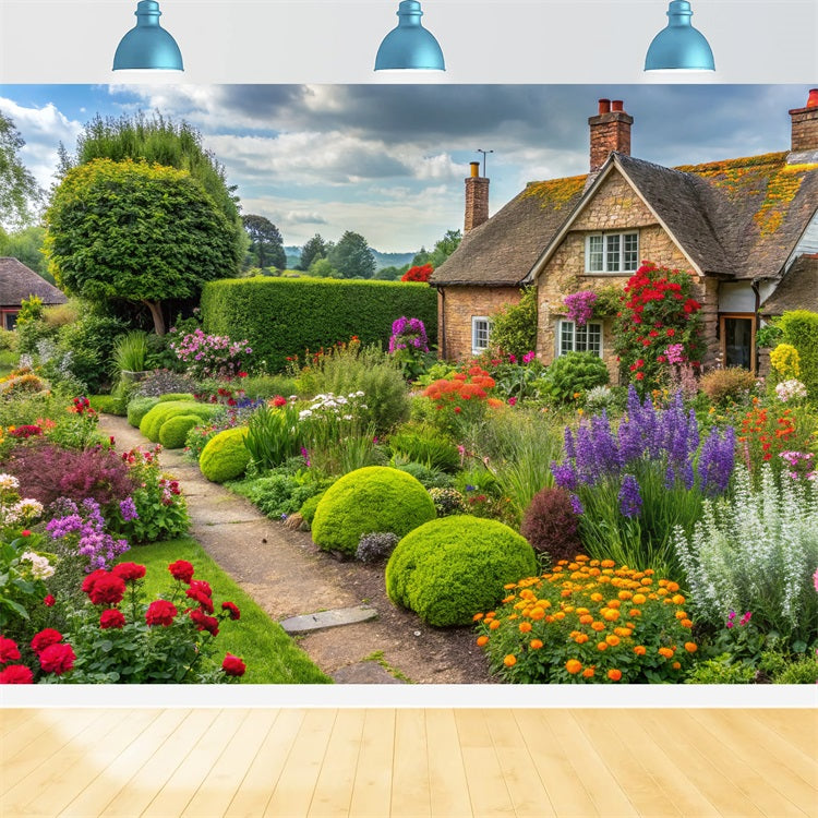 Spring Flower Backdrop Cottage Surrounded Blooming Garden Backdrop BRP11-543