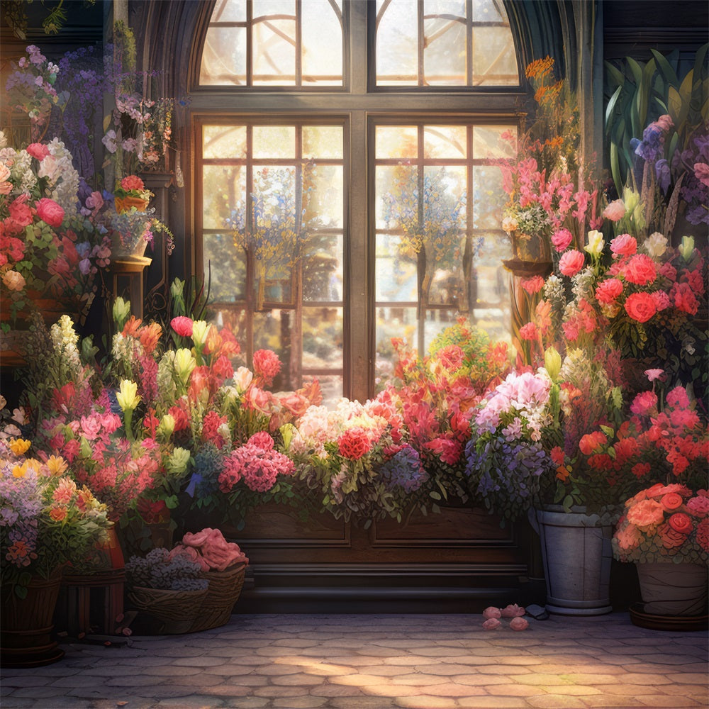 Photo Backdrop Spring Window View Colorful Flowers Backdrop BRP11-544