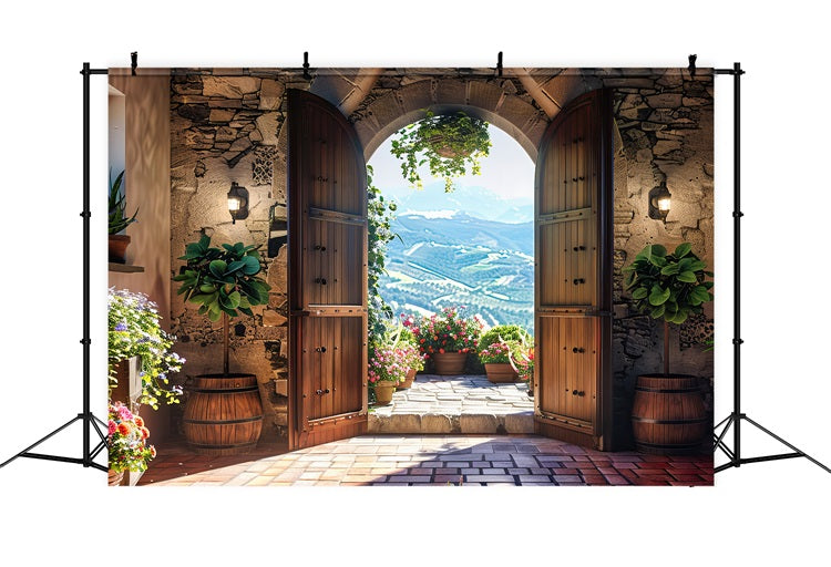 Photography Spring Backdrop Floral Terrace Wooden Door Backdrop BRP11-547