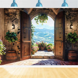 Photography Spring Backdrop Floral Terrace Wooden Door Backdrop BRP11-547