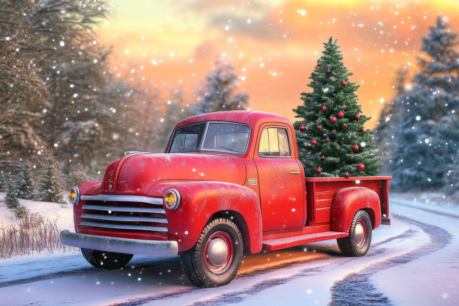 Backdrop Winter Wonderland Red Truck Christmas Tree Backdrop BRP11-57