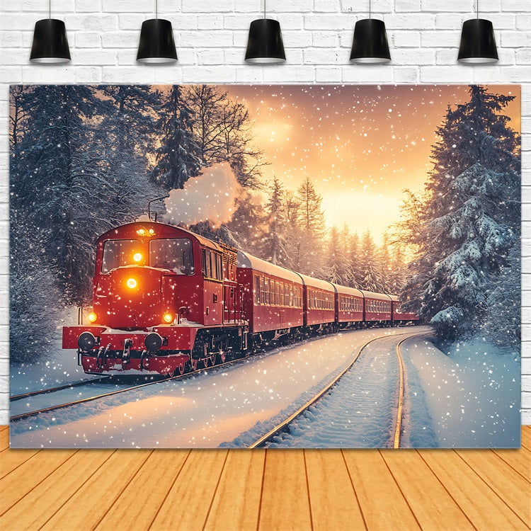 Winter Backdrop Scenes Snowfall Red Train Frosty Forest Backdrop BRP11-58