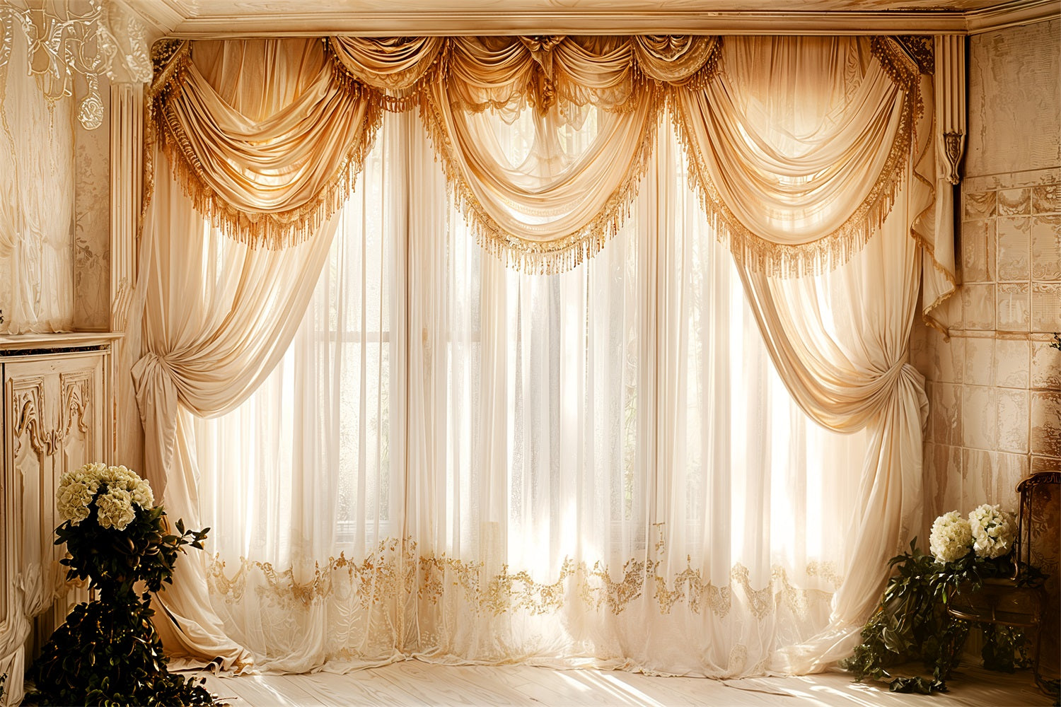 Vintage Backdrops Photography Window Beige Drapes Curtain Backdrop BRP11-582